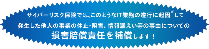 サイバーリスク保険では、このようなIT業務の遂行に起因して発生した他人の事業の休止・阻害、情報漏えい等の事由についての損害賠償責任を補償します！